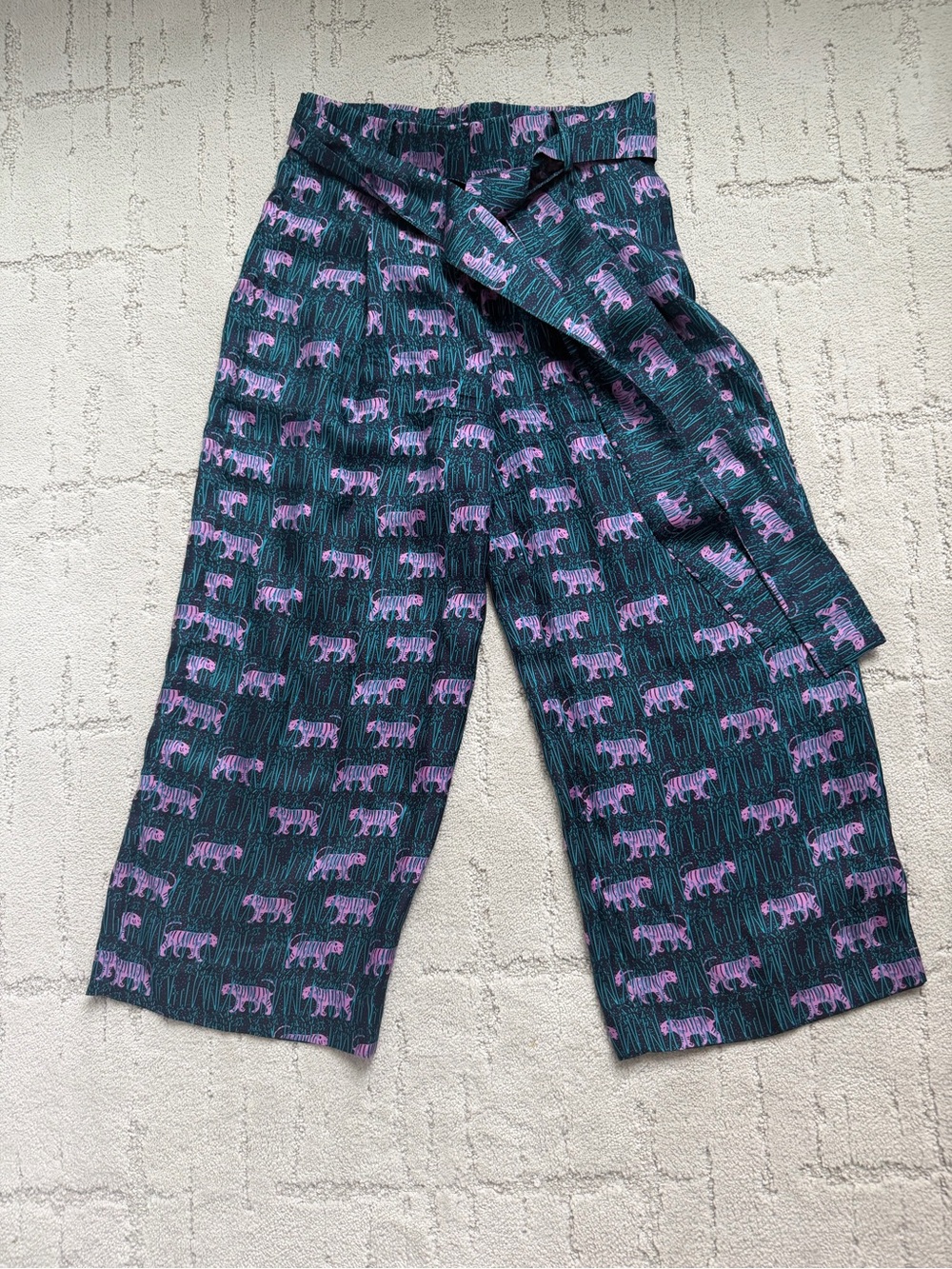 J. Crew Teal Cropped Pants with Pink Tiger Print